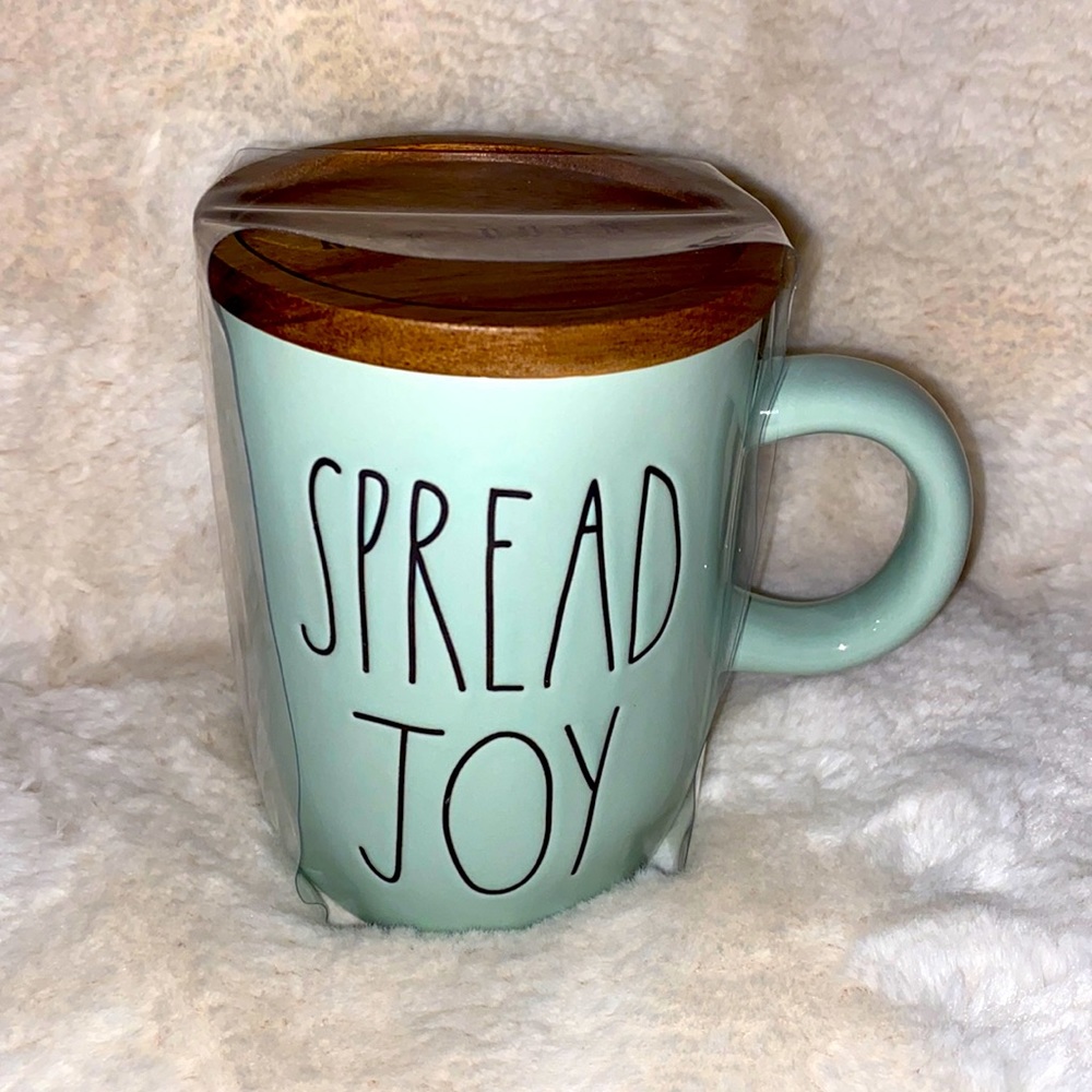 Rae Dunn- Spread Joy turquoise tall coffee mug with wooden lid, flower brand new